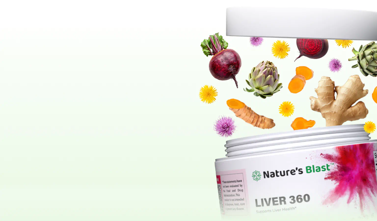 Open jars of liver detox supplements with ginger, turmeric, beets, and herbs floating above.